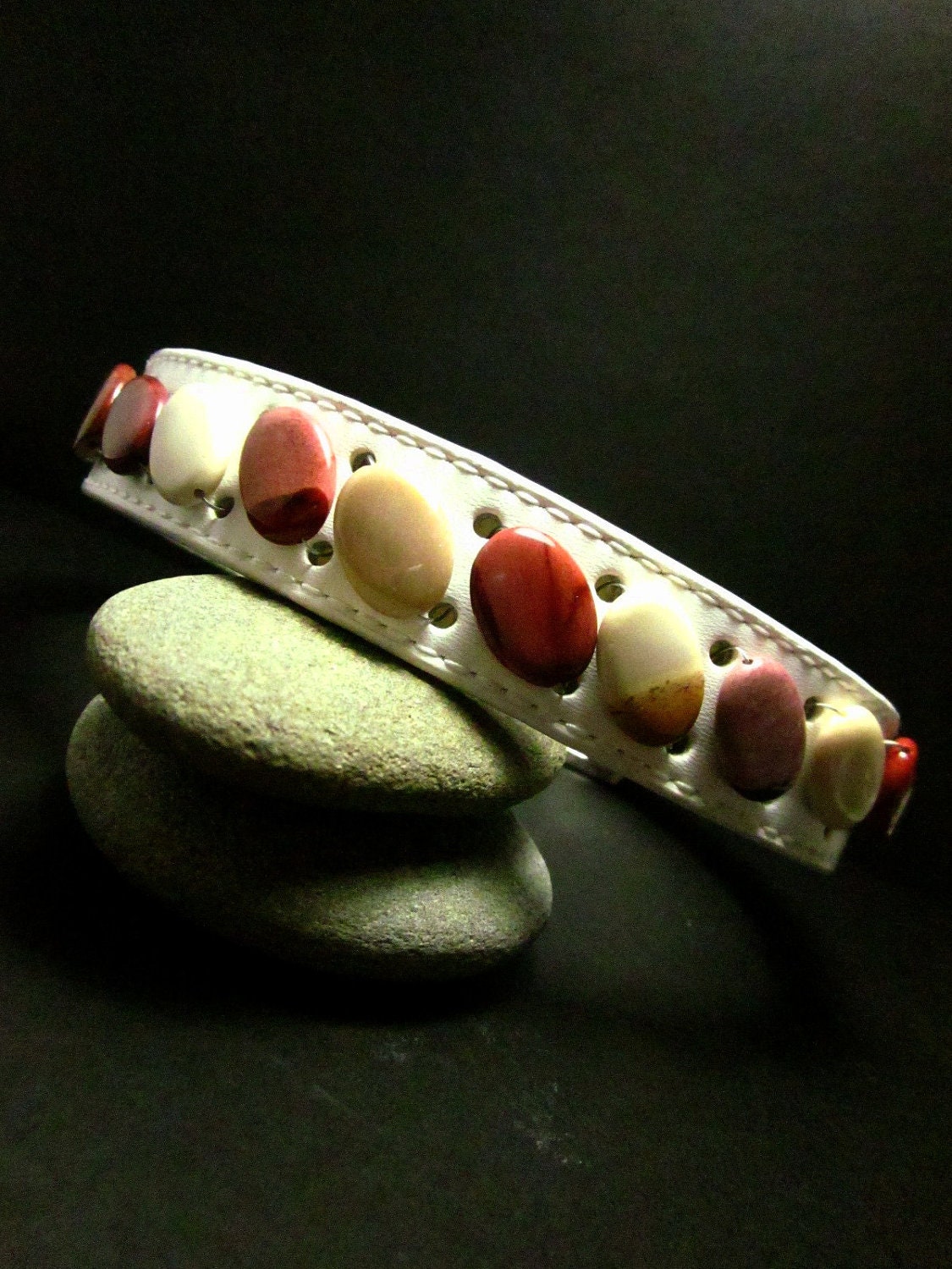 Large White Leather Beaded Dog Collar Handcrafted with Australian Moukaite Stone Beads