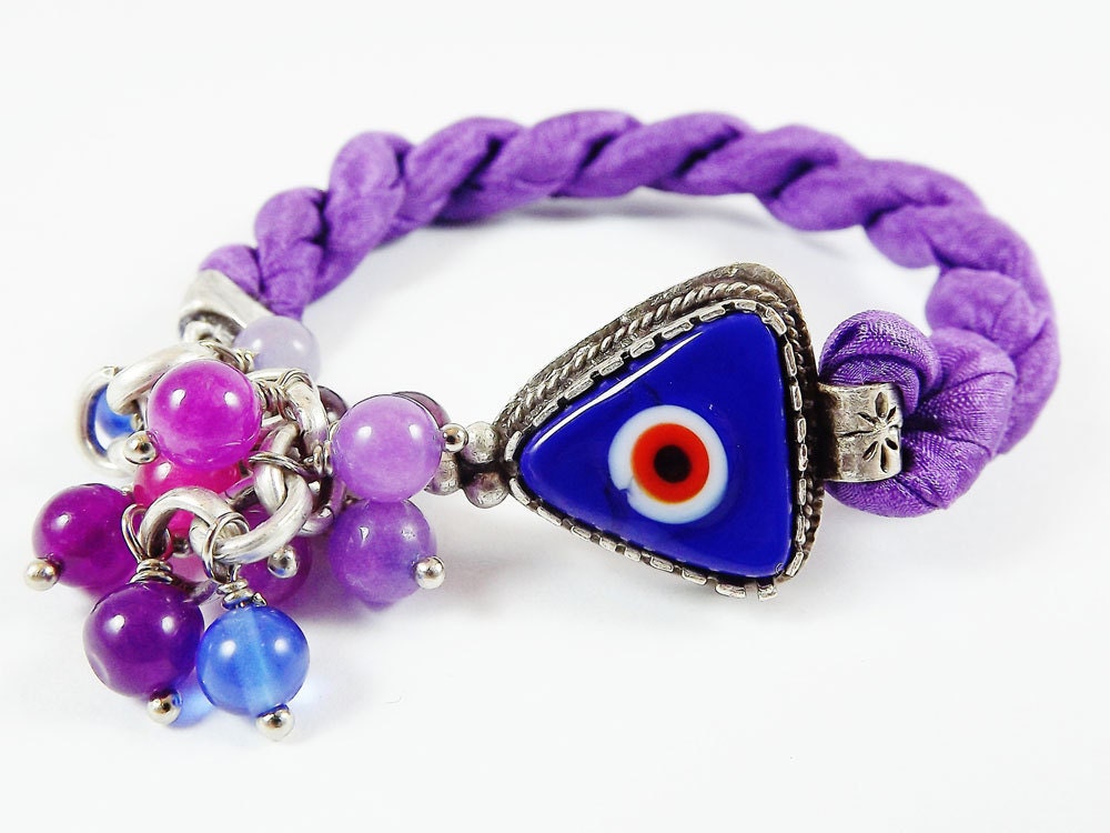 Stackable Turkish Bracelet Navy Blue Evil Eye & Berry Purple Silk - Triangular Artisan Glass Bead, Silver Plated - Christmas