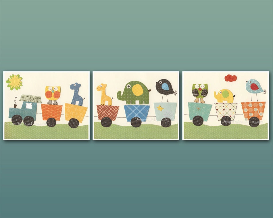 Boy Nursery Decor, Boy Nursery Wall Art, Wall Art Baby Decore, set 3 8x10, Train Nursery, Owl, Elephant, Giraffe,Circus Friends Nursery