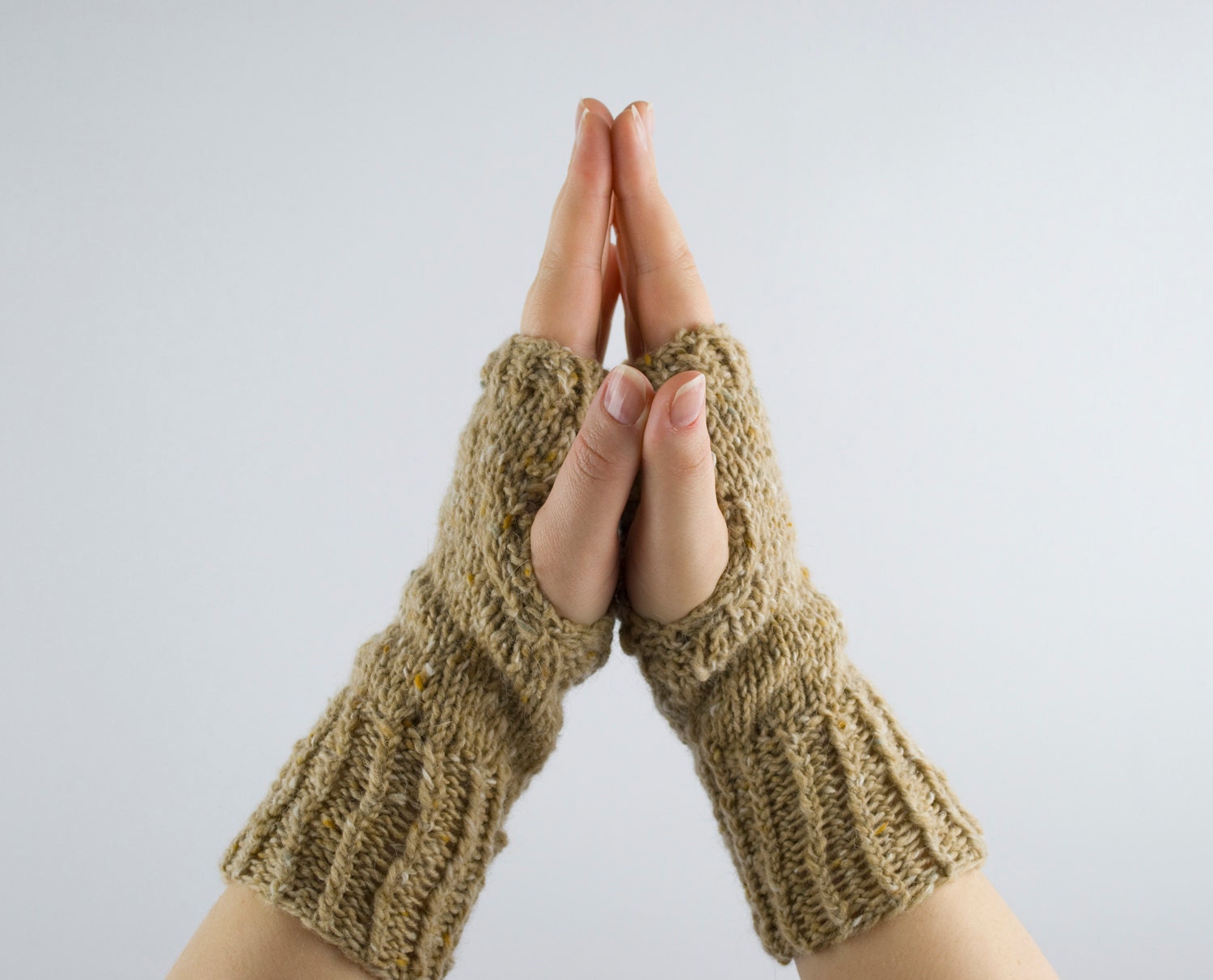 hand knit fingerless gloves - the coffee break hand knit fingerless mittens in tweed sand- mix of wool and angora
