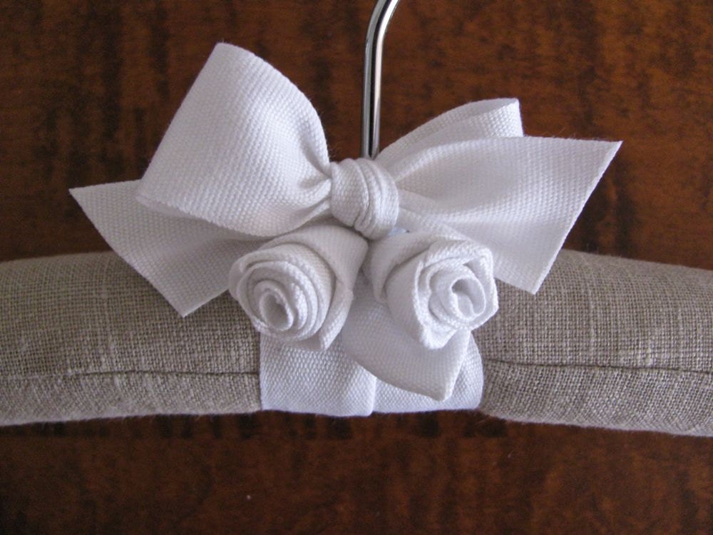 Grey Linen Bridal Hanger with White Organic Ribbon Rosettes and Vintage Buttons