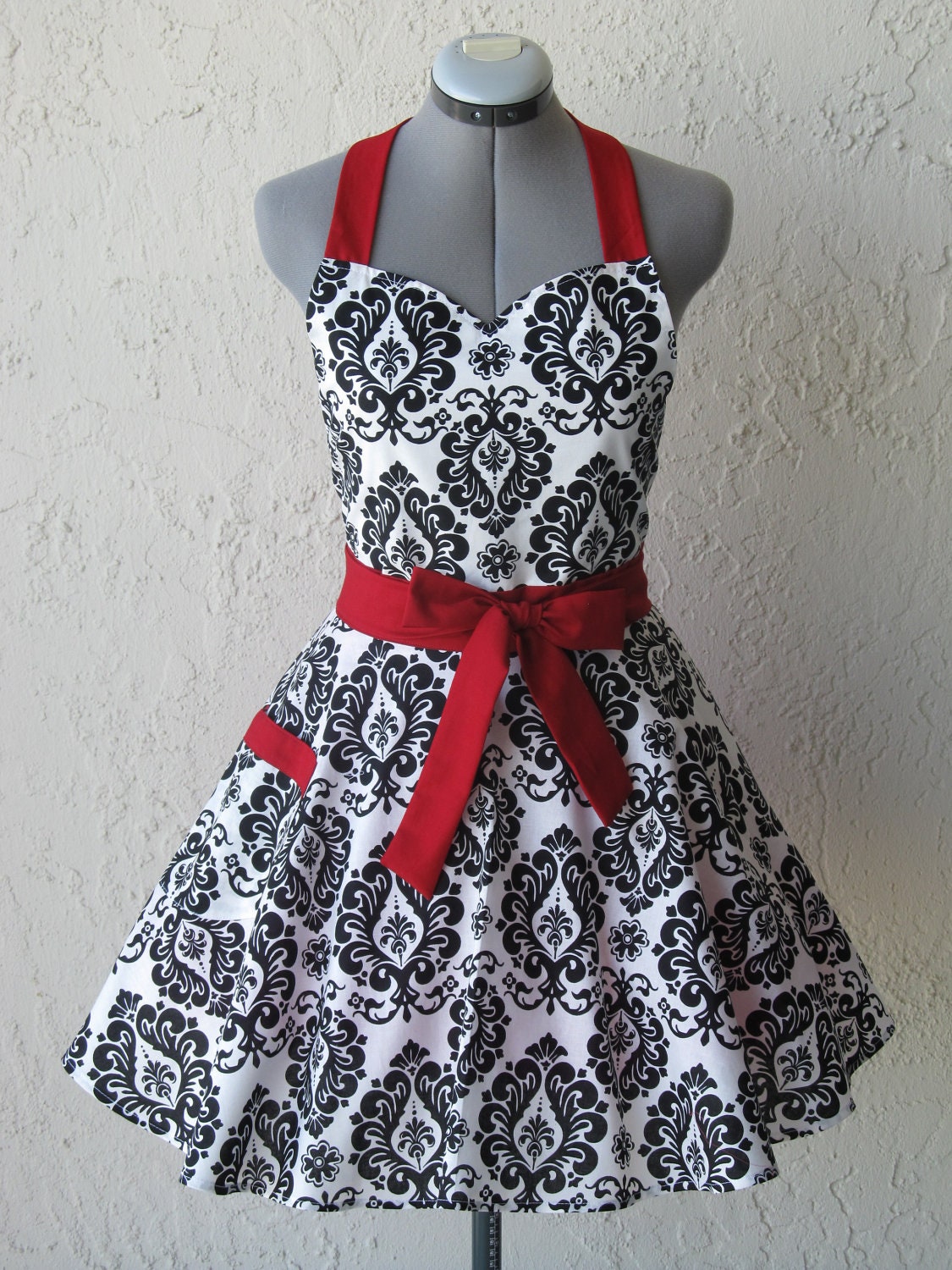 Sweetheart Hostess Apron-Black Damask with a hint of Red-Full of Twirl Flounce-Ready to ship