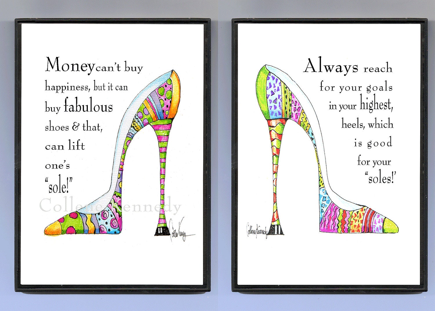 Original illustrated shoe art prints framed and sold as a pair
