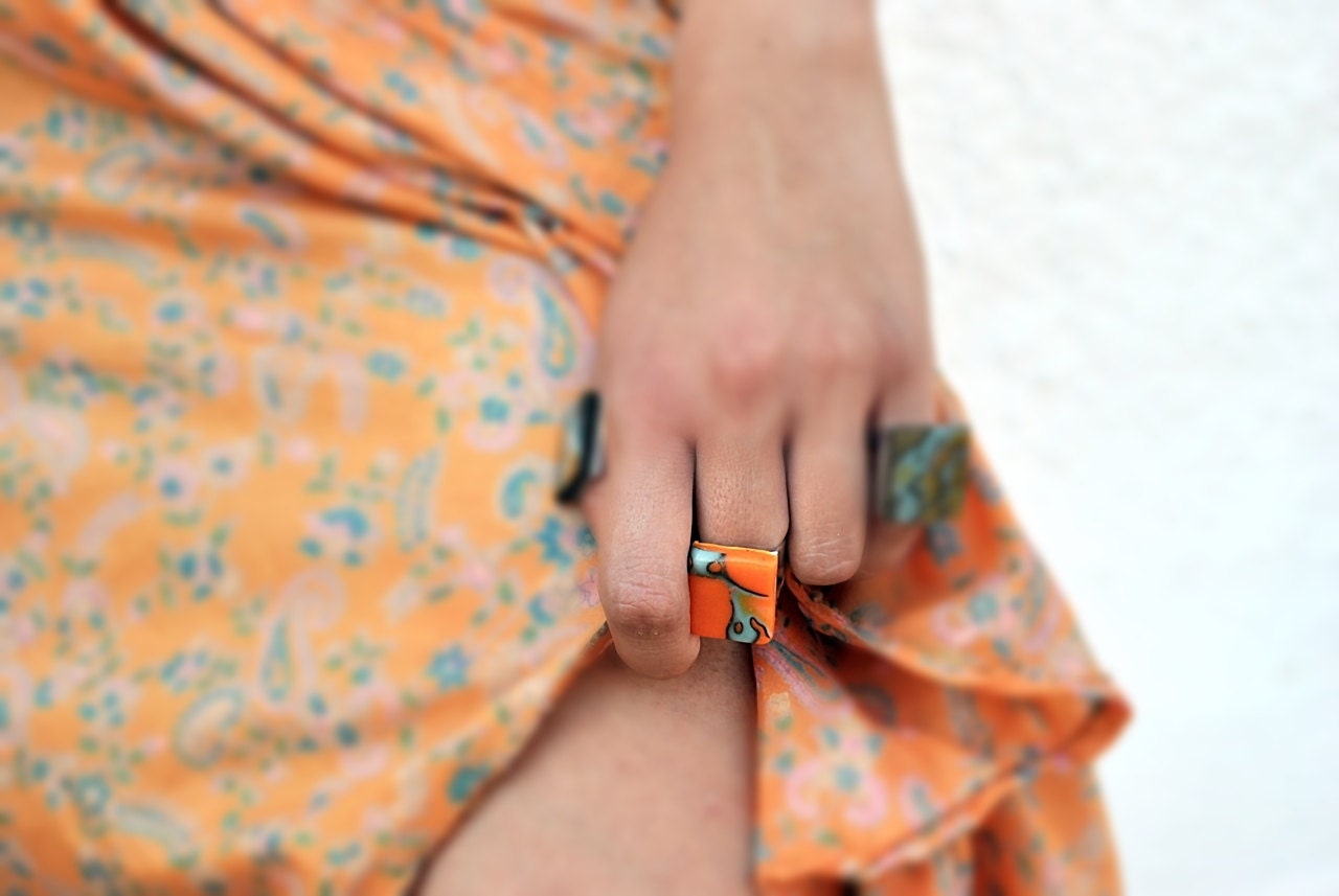 Minimal orange square ring- adjustable- organic form- Polymer clay - zdrop