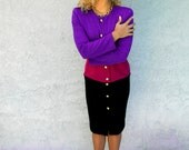 The First Lady Dress - Vintage 80s/90s Stretch Knit Dress in Royal Purple/Magenta/Black w chunky Gold Buttons - Princess Diana/Lady Di Lives