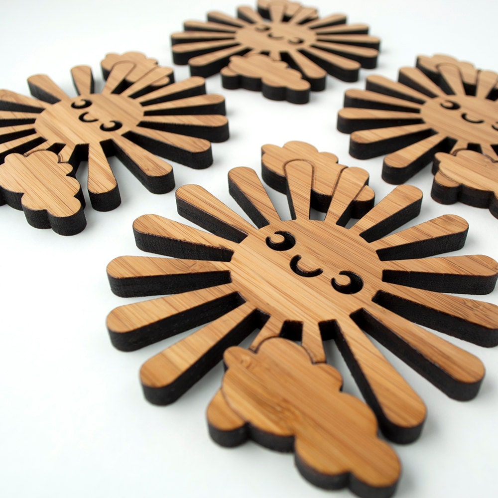 Bamboo Happy Sun Coasters: Wood Kawaii Coasters (Set of 4)