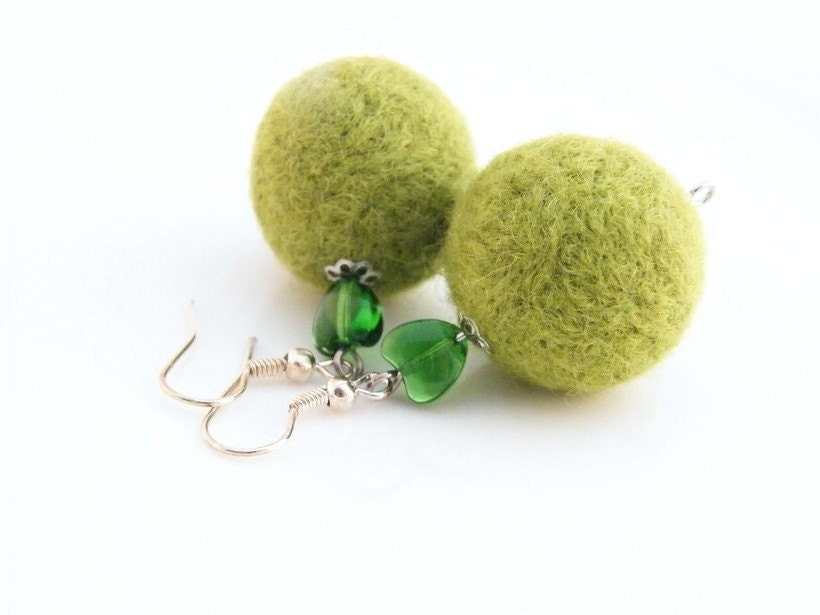 SUMMER SALE, Dangle Earrings Lime Green Felt earrings Felt Jewelry Felted Balls Eco - friendly Earrings