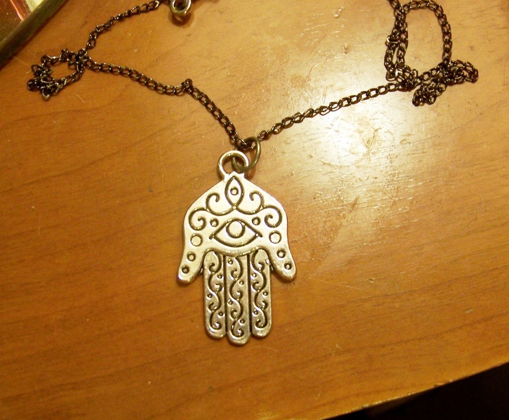 Hamsa Reversible Pewter Amulet Necklace/ Silver lead free/ Gothic Metal chain