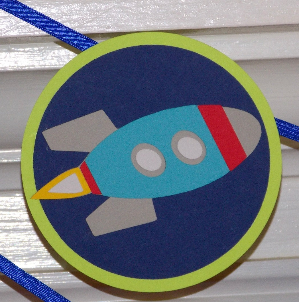 Rocket Happy Birthday Banner ... red yellow blue lime green white orange ... stars spaceship gears ... panels adjustable Il_170x135