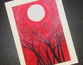 Raven Crow Trees The Ravens Wood Blue Moon Abstract Greeting Card Blank