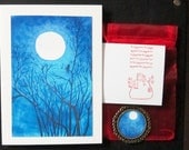 Gift Set Blue Raven Crow Moon Magnet and Greeting Card