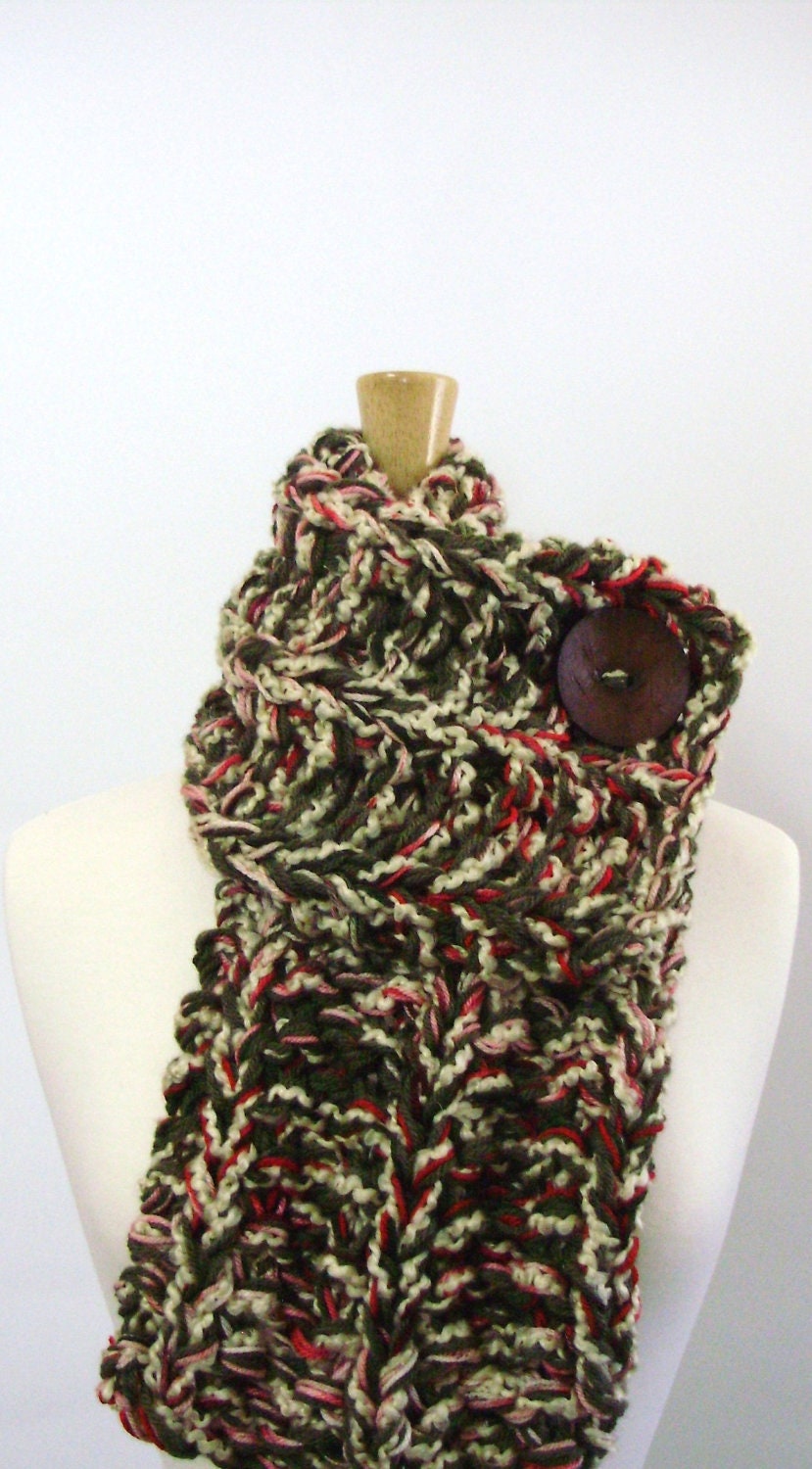Cream, Green, Red and Pink Chunky Knit Cowl Scarf with Large Brown Button - Only 1 Available
