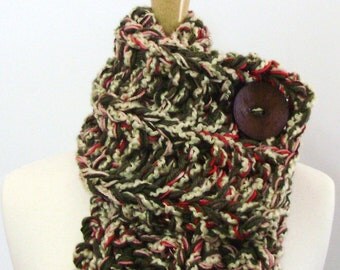 Cream, Green, Red and Pink Chunky Knit Cowl Scarf with Large Brown Button - Only 1 Available
