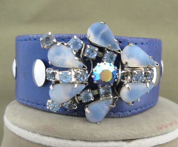Blue Leather Rhinestone Encrusted Cuff Bracelet