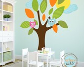 Kids Wall Decal, Tree Decal, Big Lush Leaves, Large Decal, Play Room Wall Decal, Nursery Decor, baby Gift, Owls and Tree