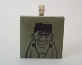 Halloween Jewelry Frankenstein Rubber Stamped Green Porcelain Tile Pendant