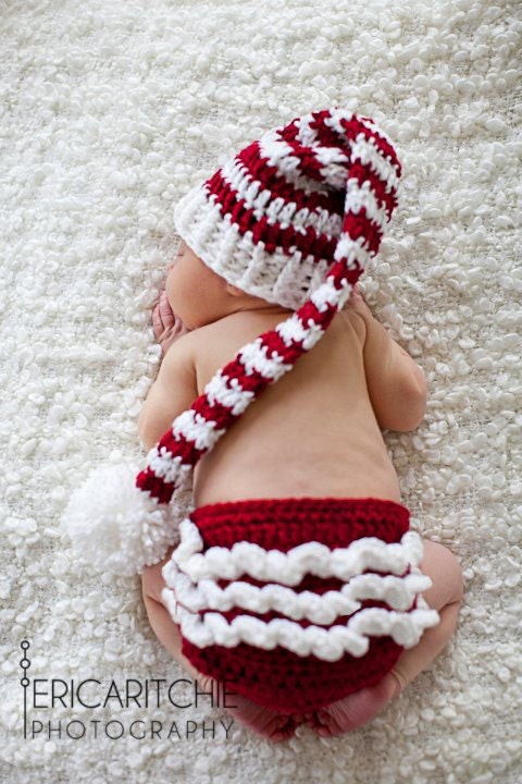 Christmas Stocking Hat, Candy Cane Hat, Snow White and Red. Great for Holiday Photography Props or Holiday Cards. Babies Hat. Kids.