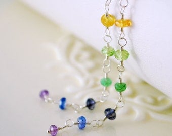 Extra Long Rainbow Earrings Colorful Gemstone Shoulder Dusters Dangle Wire Wrapped Sterling Silver Jewelry Complimentary Shipping