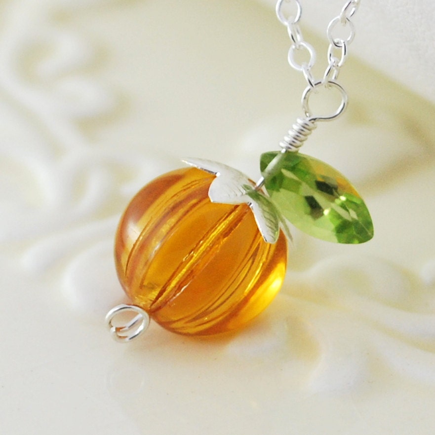 Halloween Jewelry Orange Pumpkin Necklace Glass Bead Genuine Peridot Wire Wrapped Sterling Silver Thanksgiving Autumn Complimentary Shipping