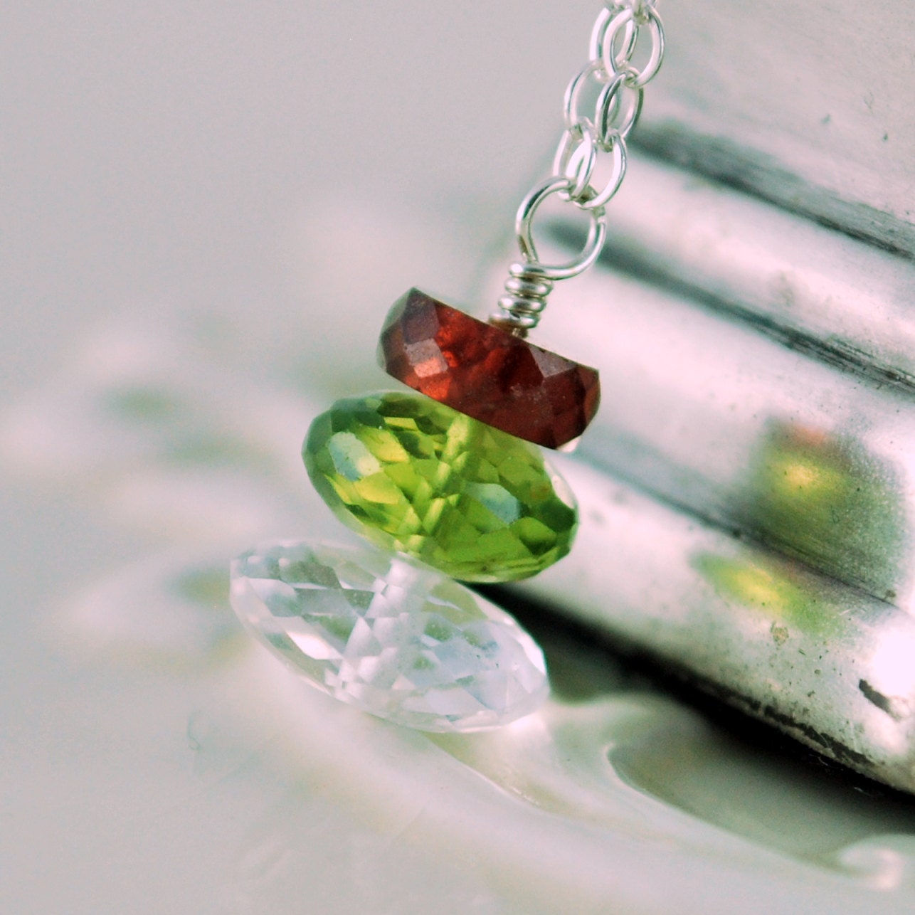 Christmas Necklace Red Garnet Lime Green Peridot Crystal Quartz Semiprecious Gemstone Sterling Silver Holiday Jewelry Complimentary Shipping
