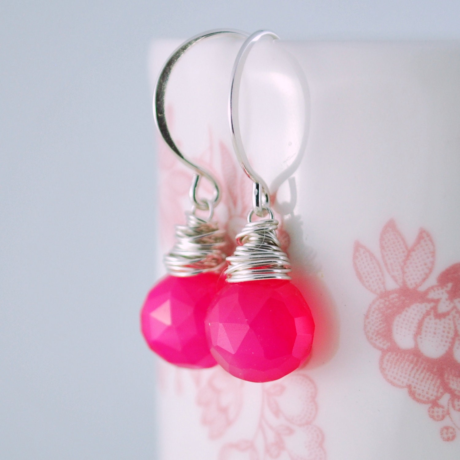 Neon Hot Pink Chalcedony Necklace Wire Wrapped Fuchsia Gemstone Sterling Silver Jewelry Complimentary Shipping