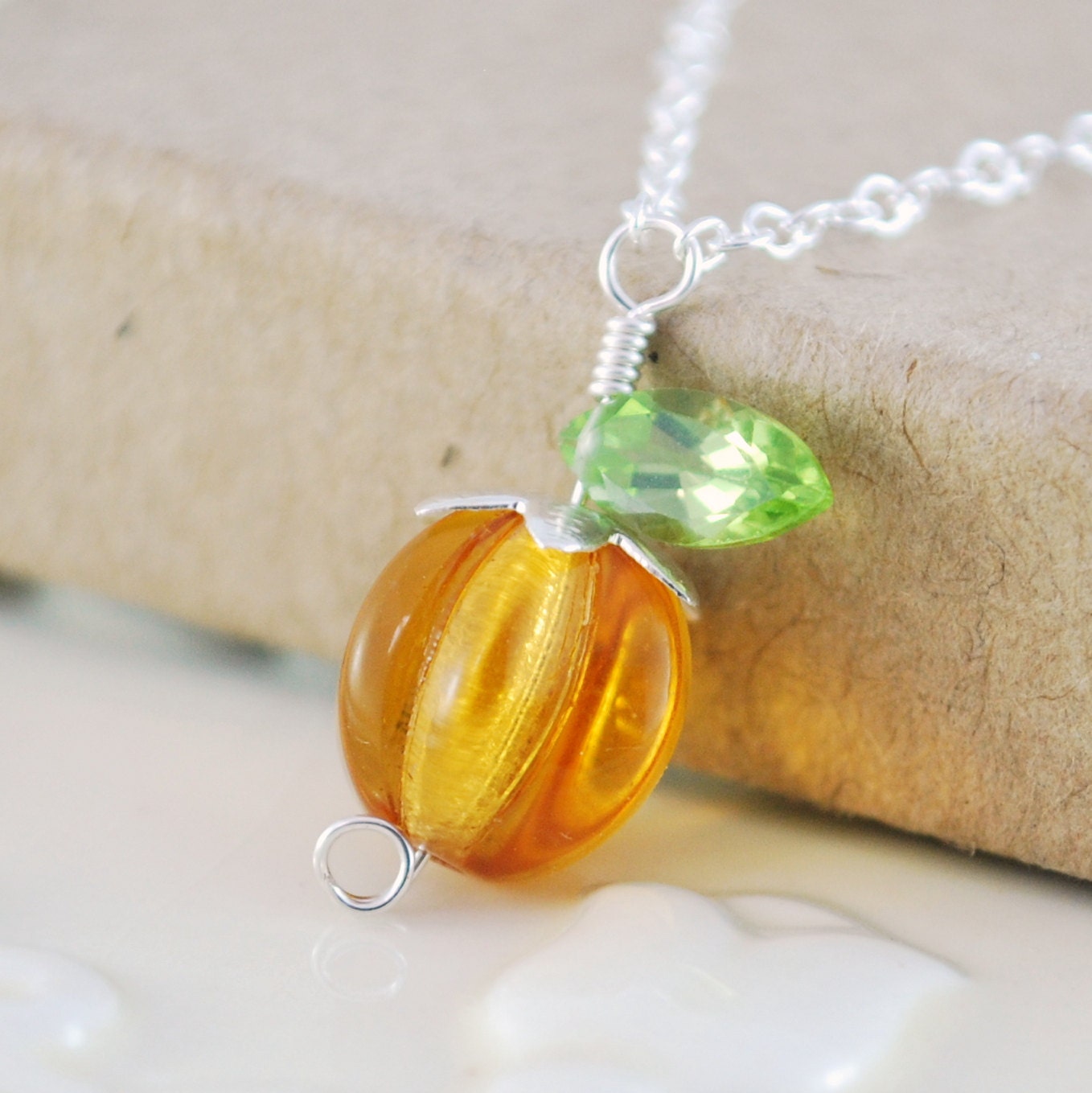 Halloween Jewelry Orange Pumpkin Necklace Glass Bead Genuine Peridot Wire Wrapped Sterling Silver Thanksgiving Autumn Complimentary Shipping