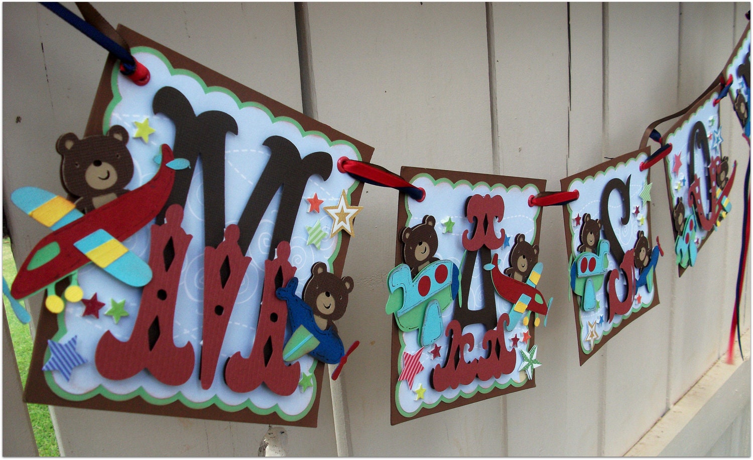 Handmade Banner - Custom made - GO GREEN - Name Banner Happy Birthday Baby Shower Aviator Teddy Theme