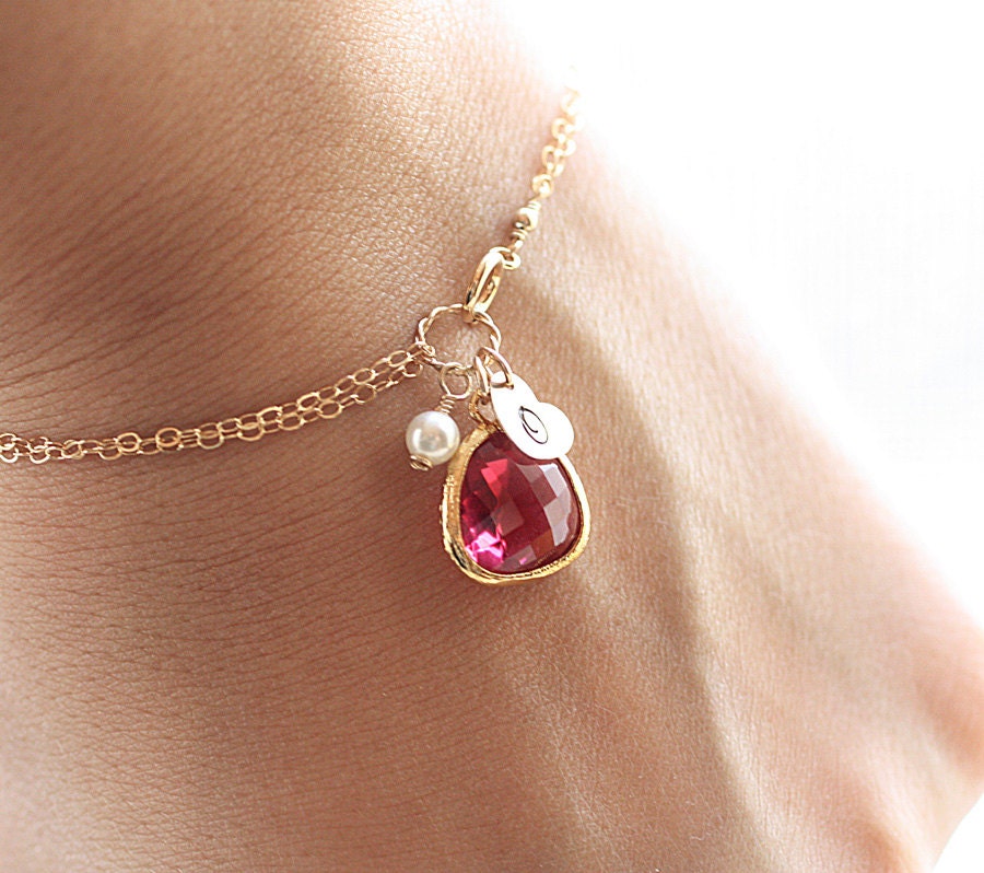 Gold Initial Charm Bracelet, Raspberry Pink Glass Pendant, Swarovksi Pearl - Personalized Bracelet - Hand Stamped 14k Gold Fill - Bridesmaid
