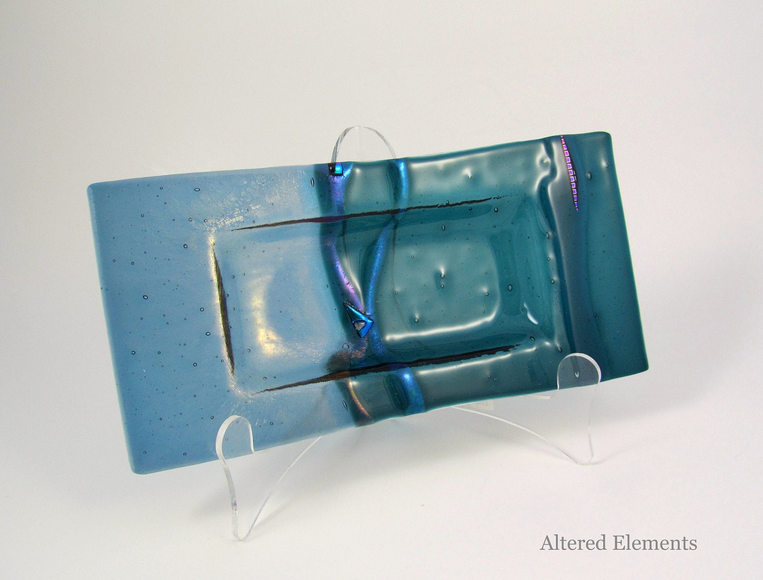 Fused Glass Dish - Teal Green and Slate Blue with Dichroic Glass Accents - Trinket Dish - Candle Dish