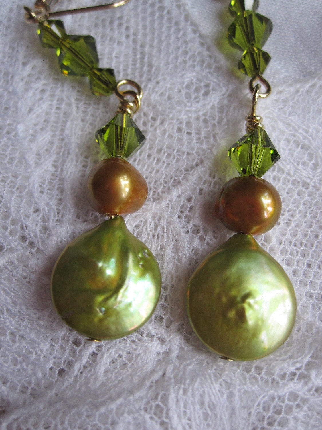 Baroque chartreuse pearls and Swarovski crystal earrings.  Edgy & romantic