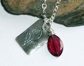 Garnet Gemstone Leaf Charm Necklace Rustic Organic Sterling Silver Red January Birthstone earthegy
