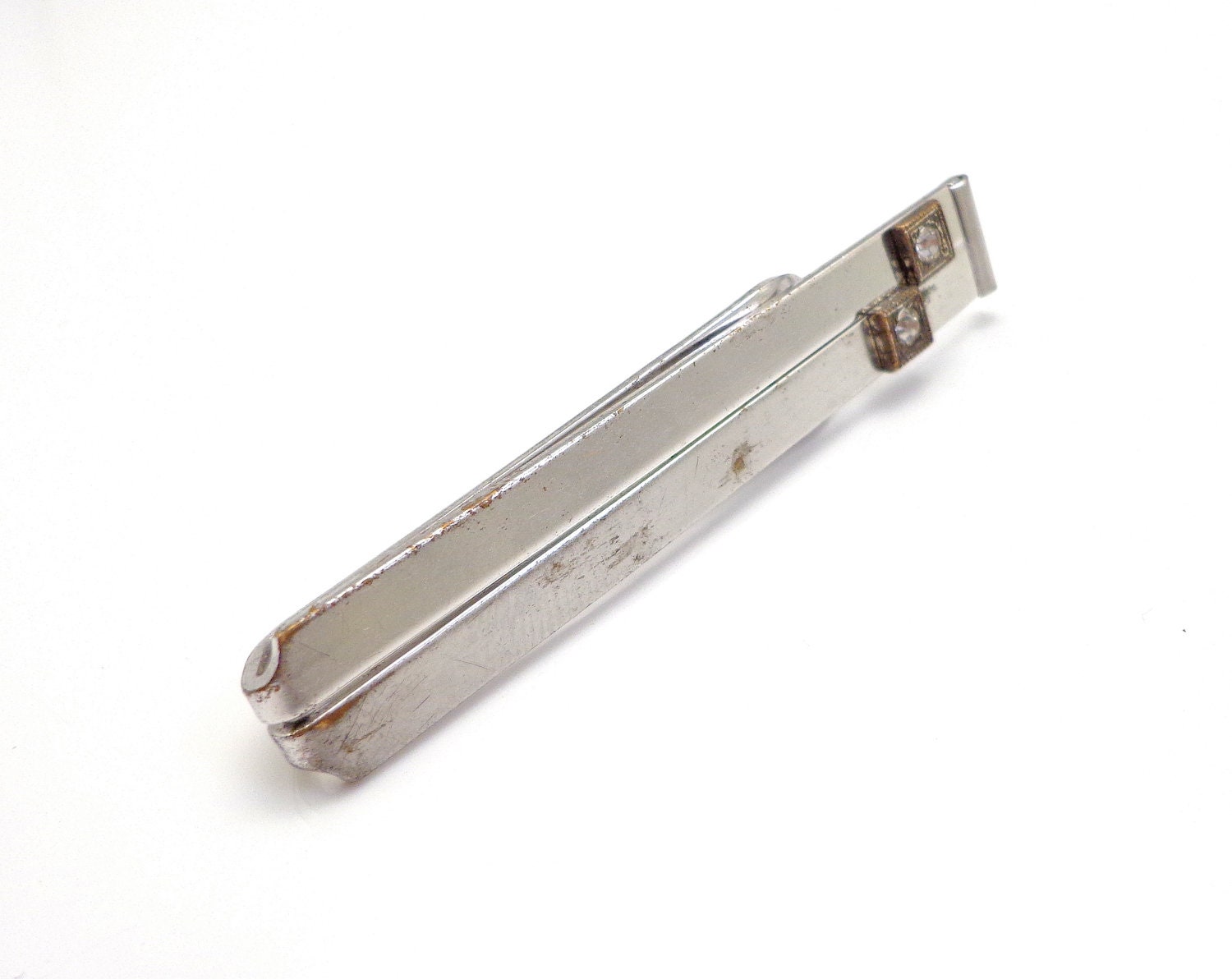 Vintage Silver Tone Tie Clip Faux Diamond Accents Stone by Anson 1930s