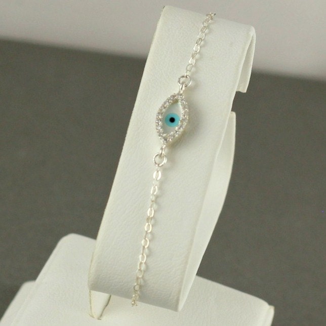 Evil Eye Bracelet, Lucky charm Bracelet, Sterling Silver Evil Eye, Cubic Zirconia Crystal, Birthday Gift, Mother Gift, Celebrity Bracelet
