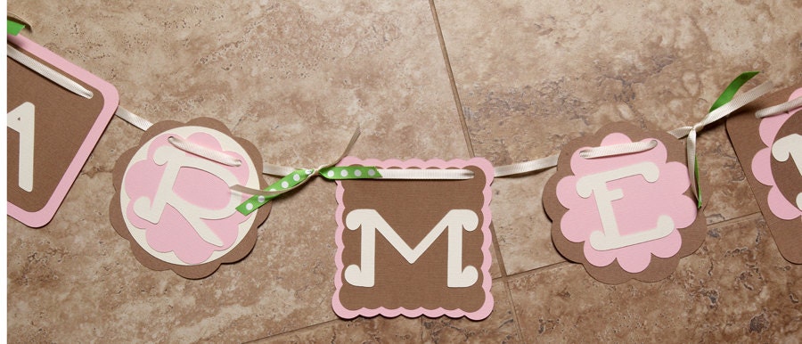 Owl Banner - pink brown green - Beautiful Birthday -  Baby Shower Banner - (6 characters and 2 owls)