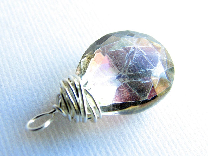 CLEARANCE SALE - Set of 2 Interchangeable Jewelry Charms, Rainbow Mystic Quartz, Faceted Briolette, Sterling Silver, Wire Wrapped