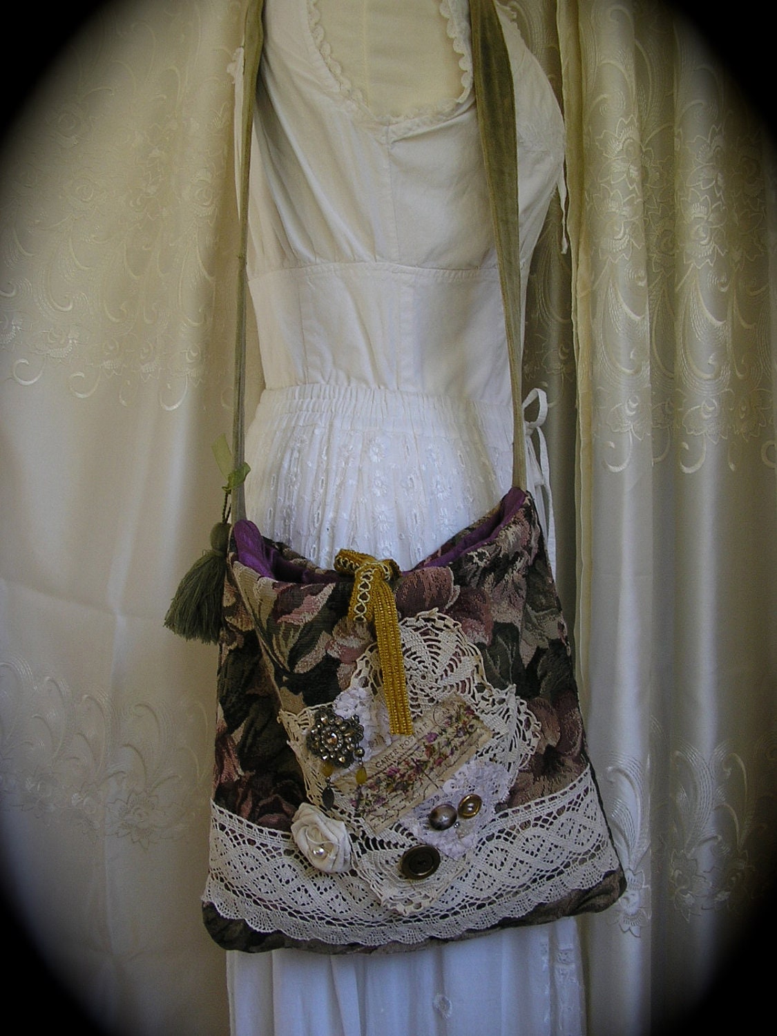 Embellished Carpet Bag, handmade bohemian tapestry cotton lace crocheted doily, Eco Friendly