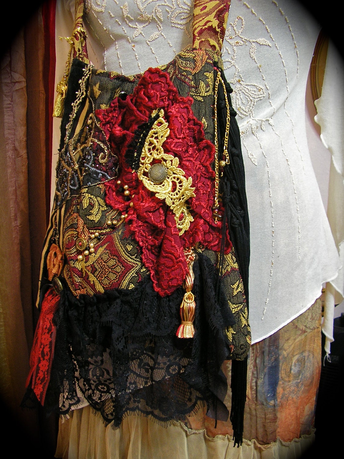Bohemian Gypsy Bag, handmade boho hippie style, fringe embellished, black ruffled lace, beads buttons