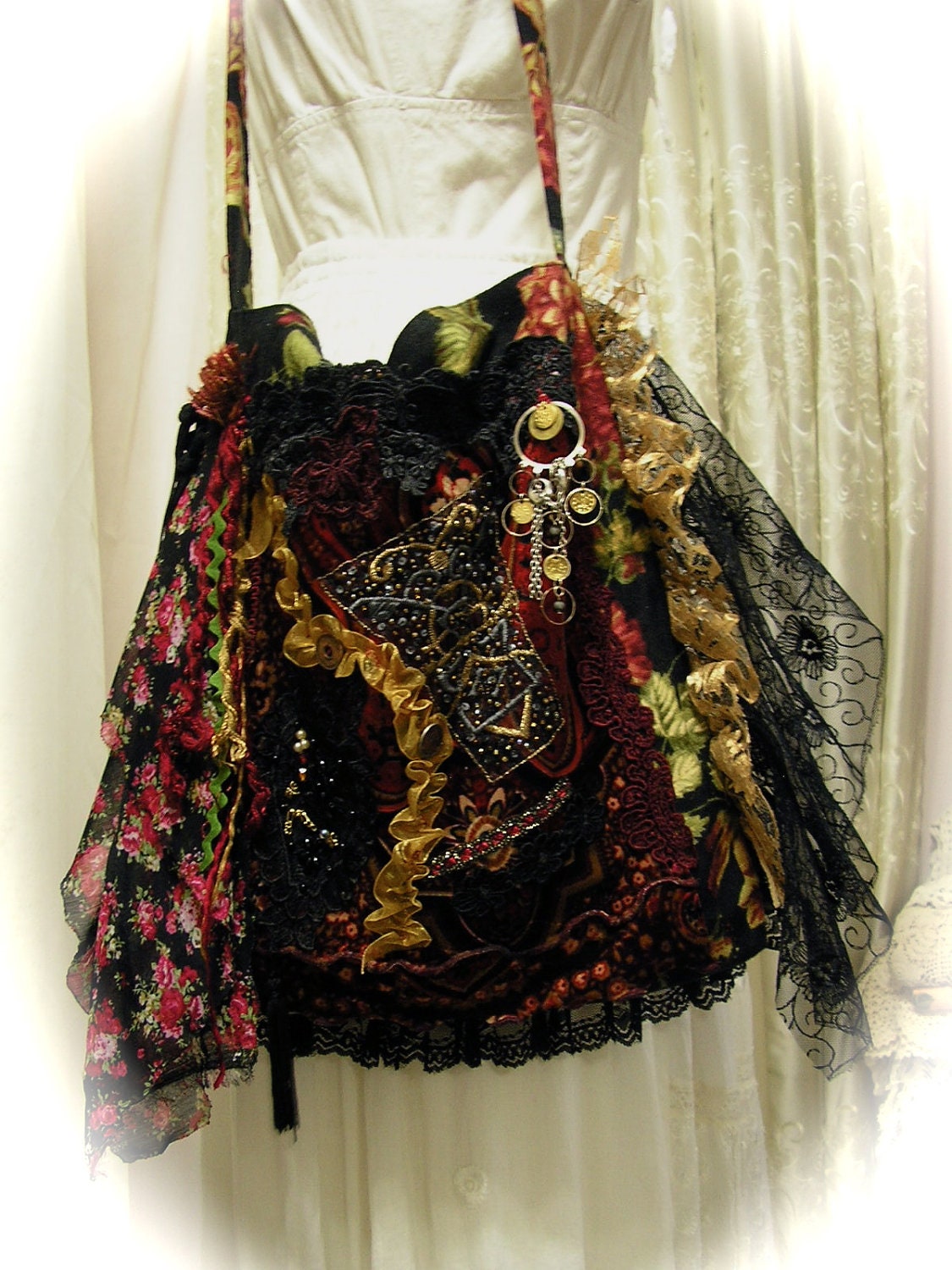 Gypsy Bohemian Bag, handmade slouchy bag, fringe, beads, black lace embellishment