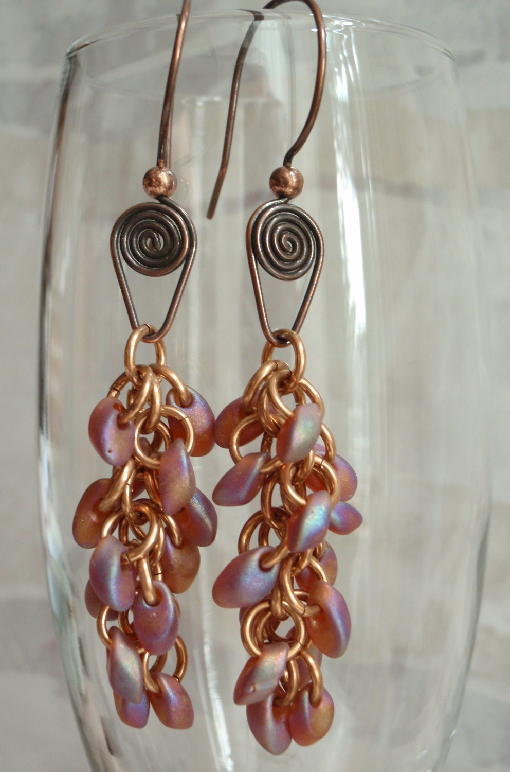 Copper Beaded Earrings Root Beer Fancy Scroll Ear Wires