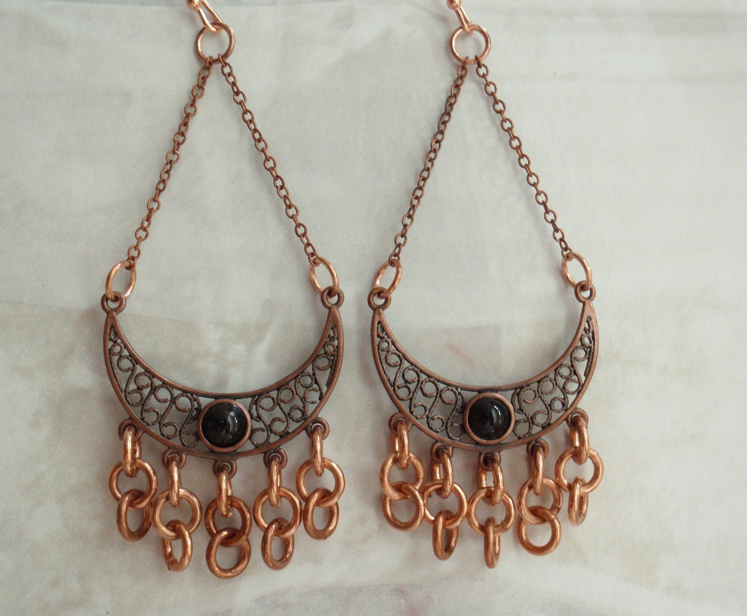 Copper Chandelier Earrings Black Onyx Cabochon
