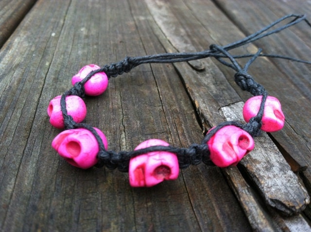 Pink and black skull bracelet macrame womens girls Halloween