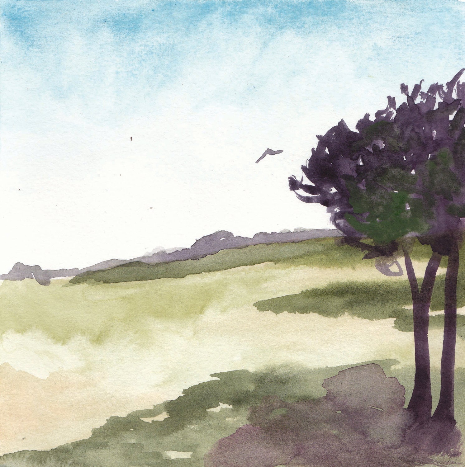 Tree Watercolor Painting Landscape ready to hang