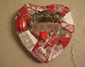 HOME Mosaic Heart in Reds with Vintage Hardware and Key Mosaic Art