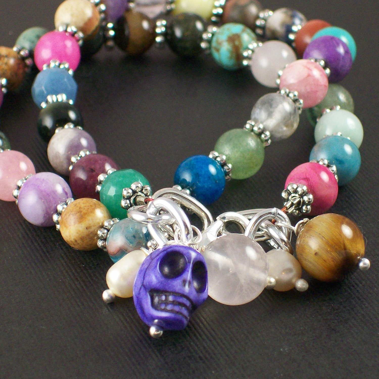 Skull Bracelet Set - Semi Precious Sugar Skull Bracelet Set
