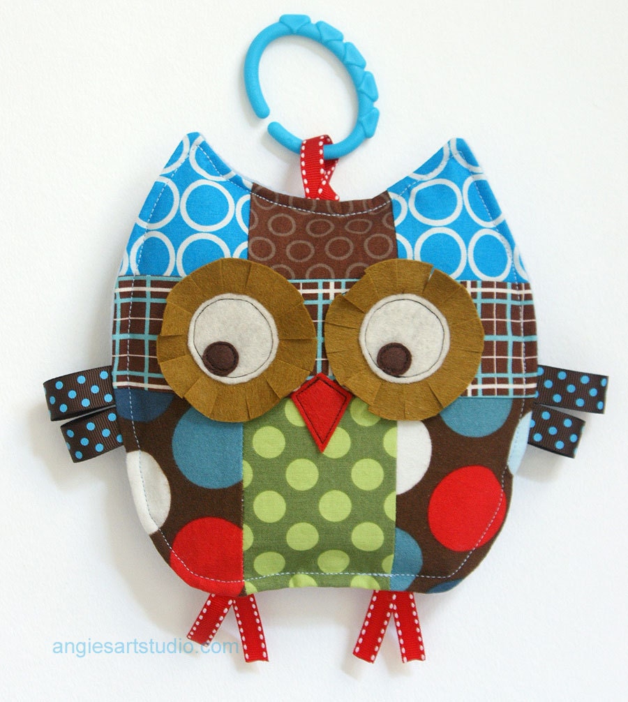 Mr Spots the Patchwork Owl Crinkle Toy comes with Teething Ring Link - Great Baby Boy Gift