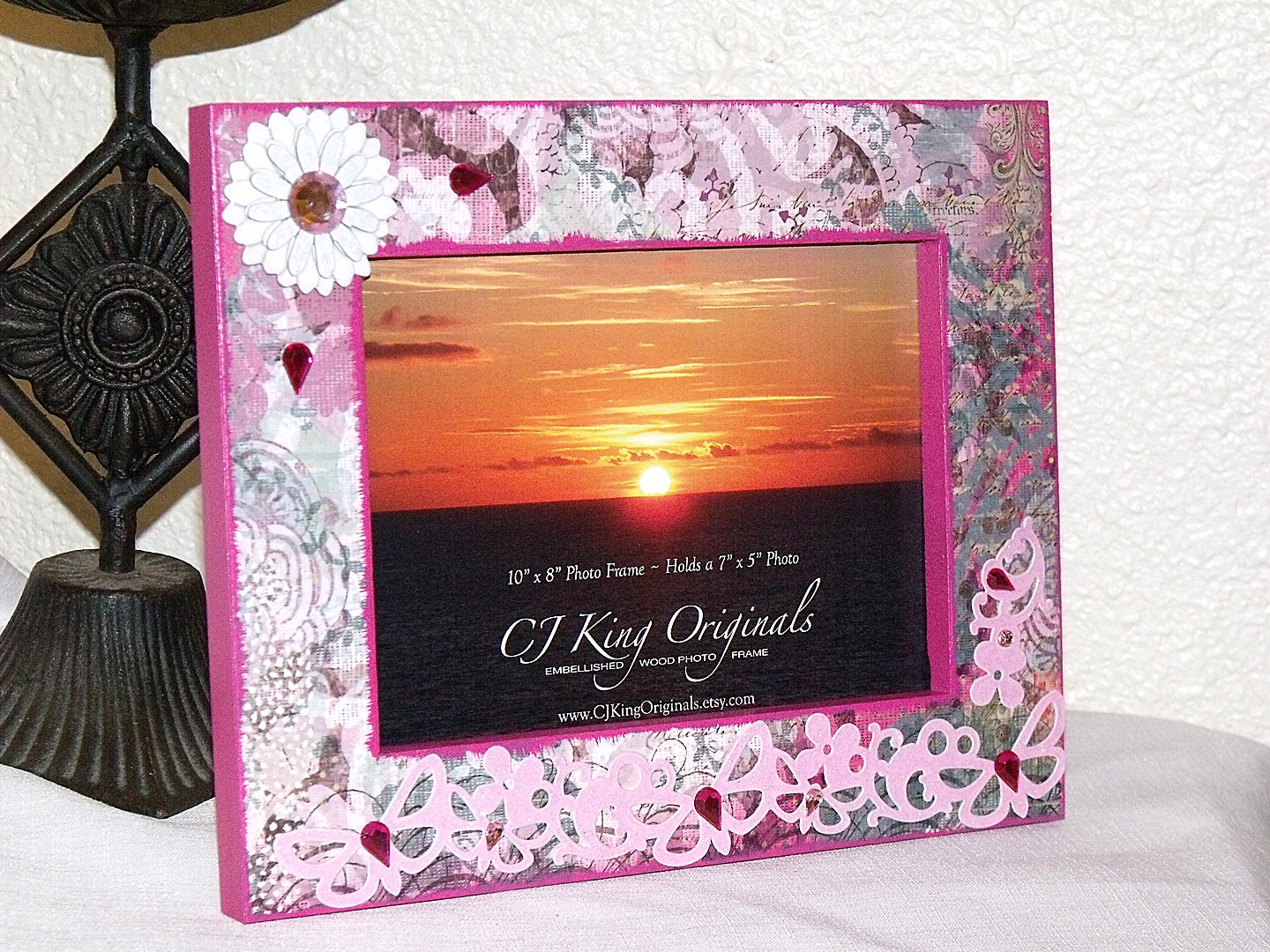 Custom 5x7 Photo Frame - Hot Pink and Gray with Flowers and Butterflies