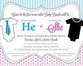 He or She Gender Reveal Baby Shower Invitation, Printable, Pink and Blue, Onesies, DIY Digital File