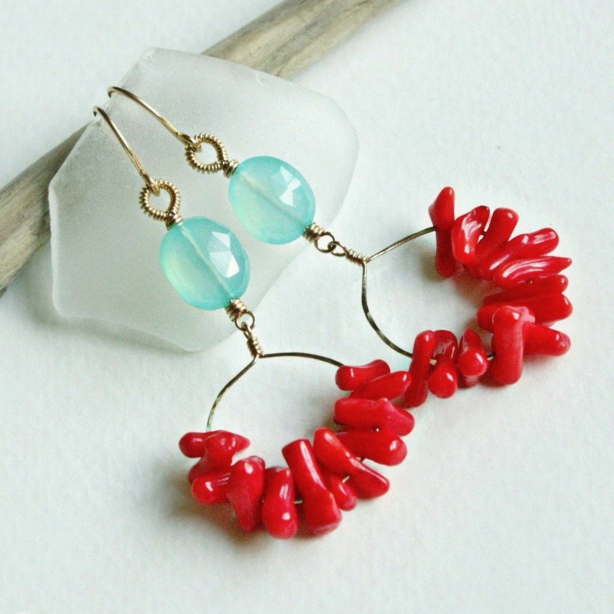 AUSTRALIA - aqua blue chalcedony red coral gold chandelier earrings