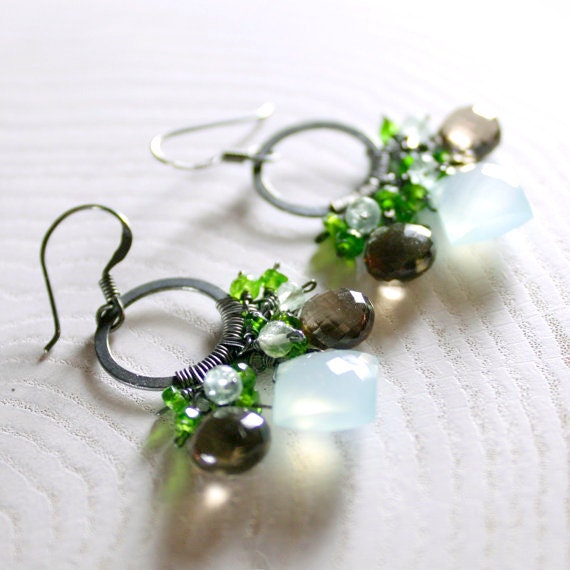 FOREST - aqua blue chalcedony smoky topaz black silver chandelier earrings