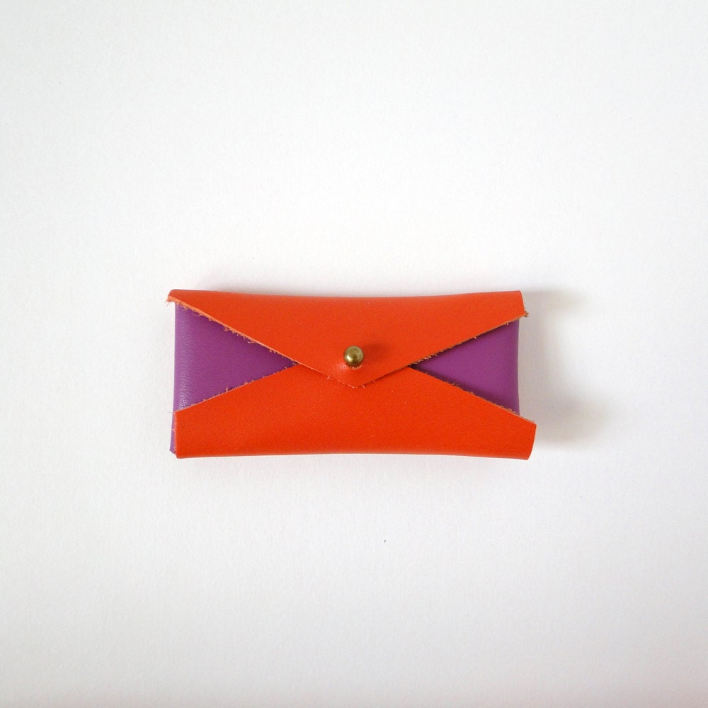 Leather Mini Business Card Case - Purple & Red Color Block